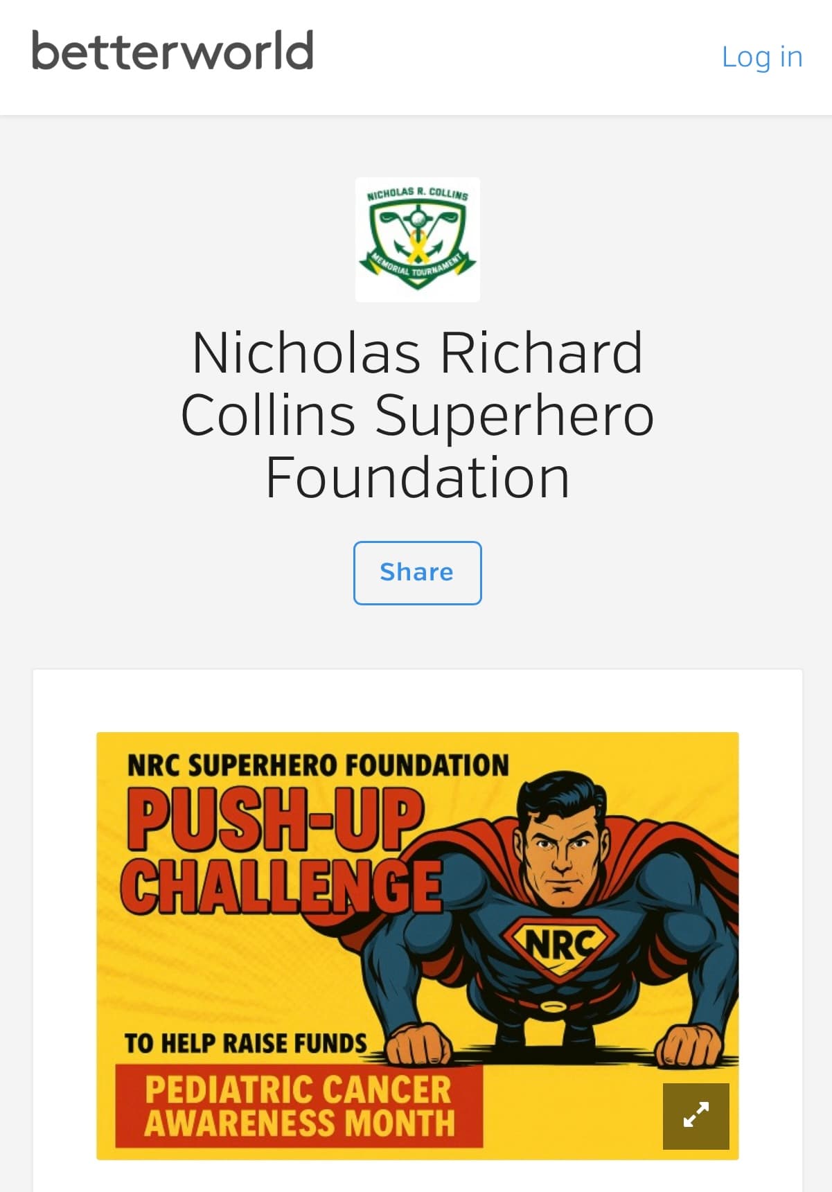BetterWorld fundraising page screenshot featuring the NRC Superhero Foundation Push-Up Challenge for Pediatric Cancer Awareness Month